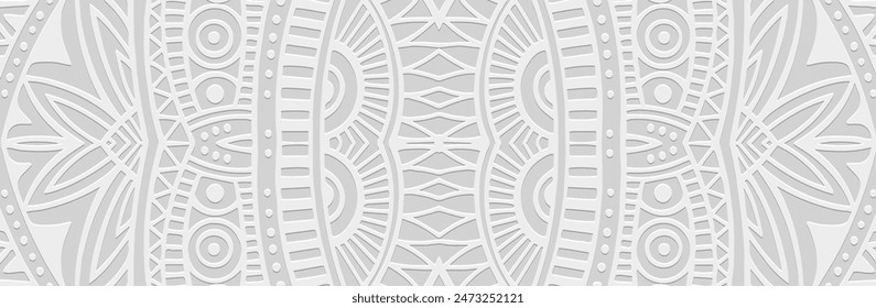 Banner, original cover design. Relief geometric ethnic 3D pattern on a white background. Ornaments, arabesques, handmade. Boho motifs, traditions of the East, Asia, India, Mexico, Aztec, Peru.