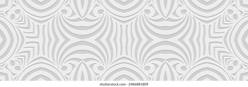 Banner, original cover design. Relief geometric ethnic fractal 3D pattern on a white background, embossing. Ornaments, arabesques, handmade. Tribal motifs of the East, Asia, India, Mexico, Aztec, Peru