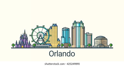 Banner of Orlando city in flat line trendy style. Orlando city line art. All buildings separated and customizable.