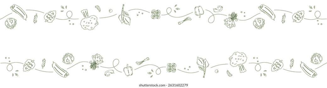Banner with the ornament with vegetables, healthy food pattern with grocery plants. Web header, banner, decorative art. Vector illustration.