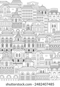 banner with outline black and white beautiful cityscape. anti stress colouring book page for adults and children