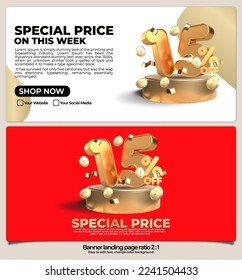 banner pack for landing page,  online shop discount sale gold promo product, special price on week with 3D render number 15% and element gold style, easy to edit, ready to use