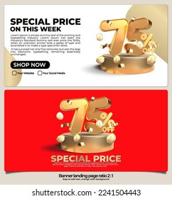 banner pack for landing page,  online shop discount sale gold promo product, special price on week with 3D render number 75% and element gold style, easy to edit, ready to use