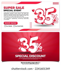 banner pack for landing page,  online shop discount sale promo product, special price on week with 3D render number 35% and element 3D love icon, easy to edit, ready to use, red color ratio 2:1