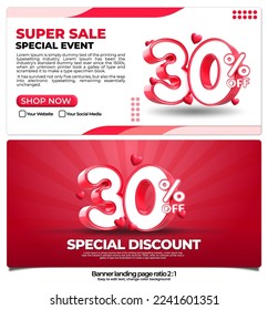 banner pack for landing page,  online shop discount sale promo product, special price on week with 3D render number 30% and element 3D love icon, easy to edit, ready to use, red color ratio 2:1