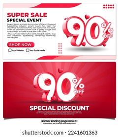 banner pack for landing page,  online shop discount sale promo product, special price on week with 3D render number 90% and element 3D love icon, easy to edit, ready to use, red color ratio 2:1