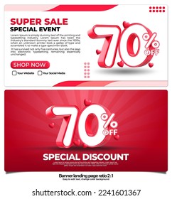 banner pack for landing page,  online shop discount sale promo product, special price on week with 3D render number 70% and element 3D love icon, easy to edit, ready to use, red color ratio 2:1