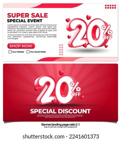 banner pack for landing page,  online shop discount sale promo product, special price on week with 3D render number 20% and element 3D love icon, easy to edit, ready to use, red color ratio 2:1