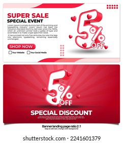 banner pack for landing page,  online shop discount sale promo product, special price on week with 3D render number 5% and element 3D love icon, easy to edit, ready to use, red color ratio 2:1