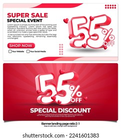 banner pack for landing page,  online shop discount sale promo product, special price on week with 3D render number 55% and element 3D love icon, easy to edit, ready to use, red color ratio 2:1