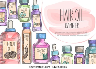 Banner page with natural oil bottles for hair care in watercolor sketchy style drawing. Template for flyer, magazine, poster,cover, branding, banner,greeting card,invitation. Vector cosmetic