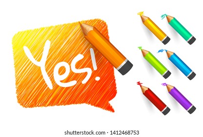 Banner paint with pencils. Hand drawn orange speech bubble with doodles, set of colorful crayons and written short message on white background. Sketch cloud and quote, lines stroke and scribble