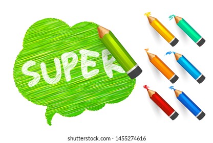 Banner paint with pencils. Hand drawn green speech bubble with doodles, set of colorful crayons and written short message. Sketch cloud and quote, lines stroke and scribble