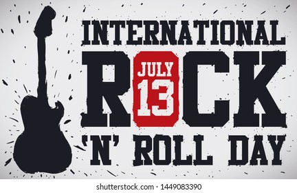 Banner with paint splashes and electric guitar silhouette promoting International Rock 'n' Roll Day celebration this 13th July.