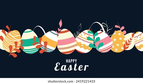 Banner with painted eggs and flowers. Spring holiday. Handwritten inscription. Pattern. Postcard template. Leinart. Stroke and dots. Greeting card. Theme for the holiday. Chirpy. Background
