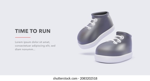 Banner with a pair of realistic black 3d sneakers with shadow and text. Vector illustration