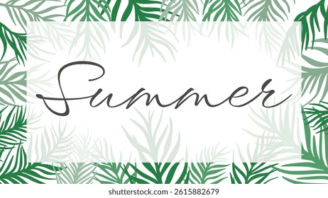 Banner with palm leaves and lettering summer. Horizontal template in Hawaiian style. Background with tropical leaves. Vector