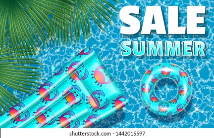 Banner with palm leaves. Summer sale inflatable with a patterned circle and a bright-colored swimming mattress. Poster - advertising for shops and enterprises. Realistic 3D style. Vector illustration