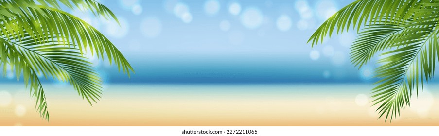 Banner With Palm Tree Leaves And Nature Background With Gradient Mesh, Vector Illustration