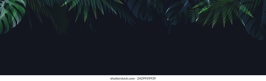 Banner With Palm Tree Leves And Black Background With Gradient Mesh, Vector Illustration