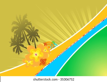 Banner with palms and sunshine. Vector illustration