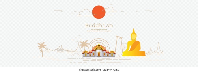 Pancarta panorámica buddha dibuja líneas de fondo vectorial - Magha Puja, Asanha Puja, Vesak Puja Day, concepto de fiesta budista, cultura tailandesa