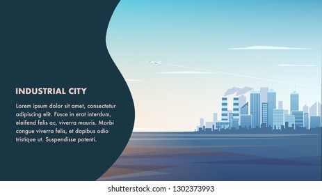 Banner Panorama Landscape Modern Industrial City. View Industrial Zone Metropolis. Plant for Production Petroleum Products. Flying Plane over Skyscraper. Business Center. Office Building Company.