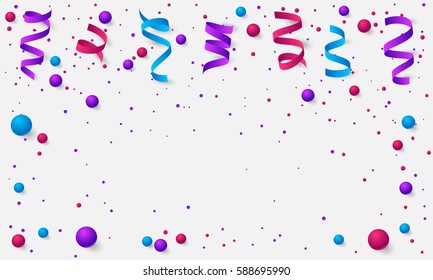 Banner with paper colored dust, confetti, balls and serpentine, ribbon and empty space for text. Vector illustration for Holidays on white background. Elements for poster, holiday, party.