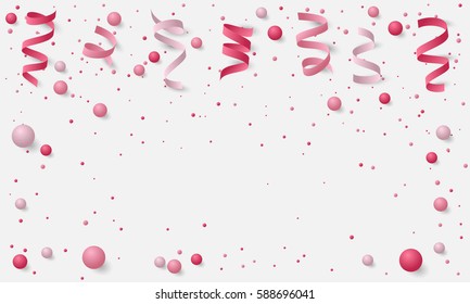 Banner with paper colored dust, confetti, balls and serpentine, ribbon and empty space for text. Vector illustration for Holidays on white background. Elements for poster, holiday, party.
