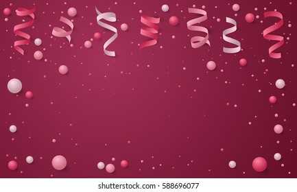 Banner with paper colored dust, confetti, balls and serpentine, ribbon and empty space for text. Vector illustration for Holidays on white background. Elements for poster, holiday, party.