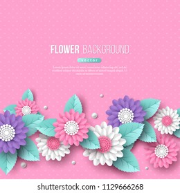 Banner with paper cut 3d flowers in pink, white and violet colors. Place for text, dotted pattern. Decorative elements for holiday design. Vector illustration.