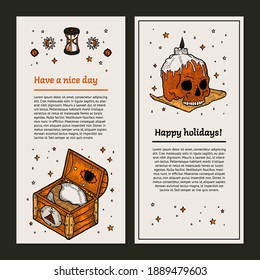 Banner and Paper Template of Magic elements. Ready to use Set of Magic and Mystic in Vintage Retro Style. Human Skull with Wax Candle, Wooden Chest with Masonic Symbol. Boho and Gypsy stylized