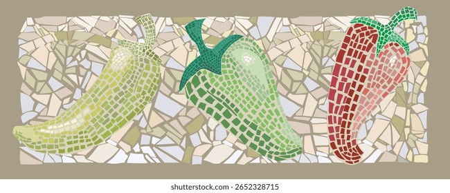 Banner paprika, pepper red and green Mosaic. Free hand draw, vector. 