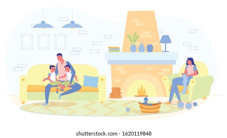 Banner Parents Spend Time with Children, Сartoon. Family is Sitting in Large Living Room with Fireplace. Dad has Fun with his Twin Sons, and Mom Knits in Comfortable Chair. Basket in Room Lies Cat.