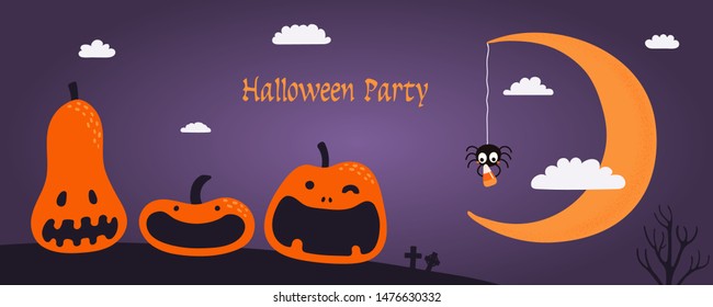 Banner, party invitation, background design with night sky, crescent moon, funny pumpkins, spider holding candy, text Halloween Party. Hand drawn vector illustration. Holiday decor concept. Flat style