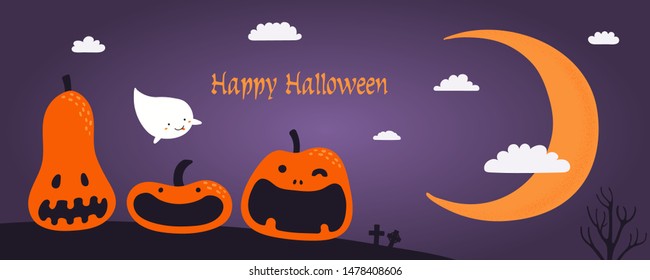 Banner, party invitation, background design with night sky, crescent moon, funny pumpkins, clouds, flying ghost, text Happy Halloween. Hand drawn vector illustration. Holiday decor concept. Flat style