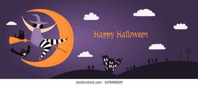 Banner, party invitation, background design with night sky, crescent moon, funny witch, black cat, flying bat, text Happy Halloween. Hand drawn vector illustration. Holiday decor concept. Flat style.