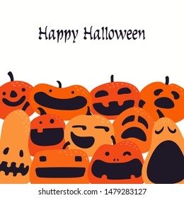 Banner, party invitation, background design with different funny pumpkins, jack o lanterns, on white, text Happy Halloween. Hand drawn vector illustration. Holiday decor concept. Flat style.