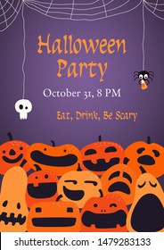 Banner, party invitation, background design with different funny pumpkins, jack o lanterns, spider webs, skull, text Halloween Party. Hand drawn vector illustration. Holiday decor concept. Flat style.