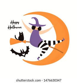 Banner, party invitation design element with crescent moon, witch, black cat, flying bat, text Happy Halloween. Isolated on white. Hand drawn vector illustration. Holiday decor concept. Flat style.