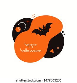 Banner, party invitation design element with abstract shapes, bat, text Happy Halloween, orange, black. Isolated objects on white background. Hand drawn vector illustration. Holiday decor concept.