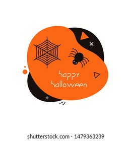 Banner, party invitation design element with abstract shapes, spider, web, text Happy Halloween, orange, black. Isolated on white background. Hand drawn vector illustration. Holiday decor concept.