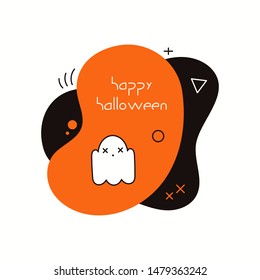 Banner, party invitation design element with abstract shapes, ghost, text Happy Halloween, orange, black. Isolated objects on white background. Hand drawn vector illustration. Holiday decor concept.