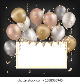 Banner for party, sales, holidays, birthday. Background with balloons, confetti, serpentine, flags, sparkles. Vector illustrations.