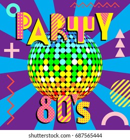 Banner for a party in the style of the eighties. Trendy geometric font in memphis style of 80s-90s. Disco Ball with colored rays