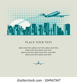 banner with passenger plane flying over major city