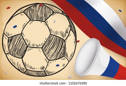 Banner with patriotic football elements: Russian flag, trumpet, confetti and soccer ball in hand drawn style over scroll to celebrate special football event.