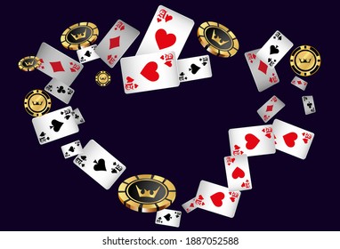 Сasino banner. Pattern with Casino Cards and Casino Chips for ads of parties, events in Vegas. The concept of winning or gambling.