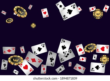 Banner С asino. Patrón con tarjetas de Casino y fichas de Casino para anuncios de fiestas, eventos en Las Vegas. El concepto de ganar o apostar.