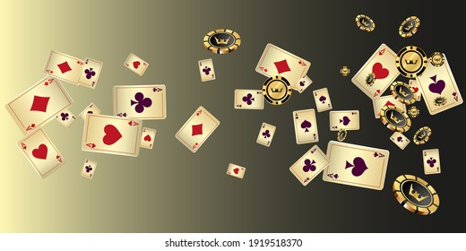 Сasino banner. Pattern with Casino Cards and Casino Chips for ads of parties, events in Vegas. The concept of winning or gambling. Vector illustration in vintage style.